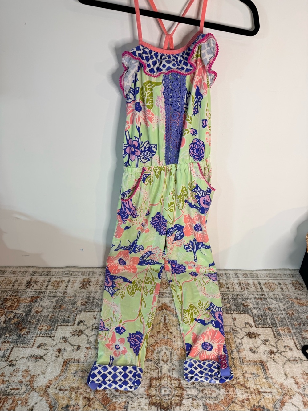 Matilda Jane Mint Floral Romper with Pink Straps and Purple Trim
